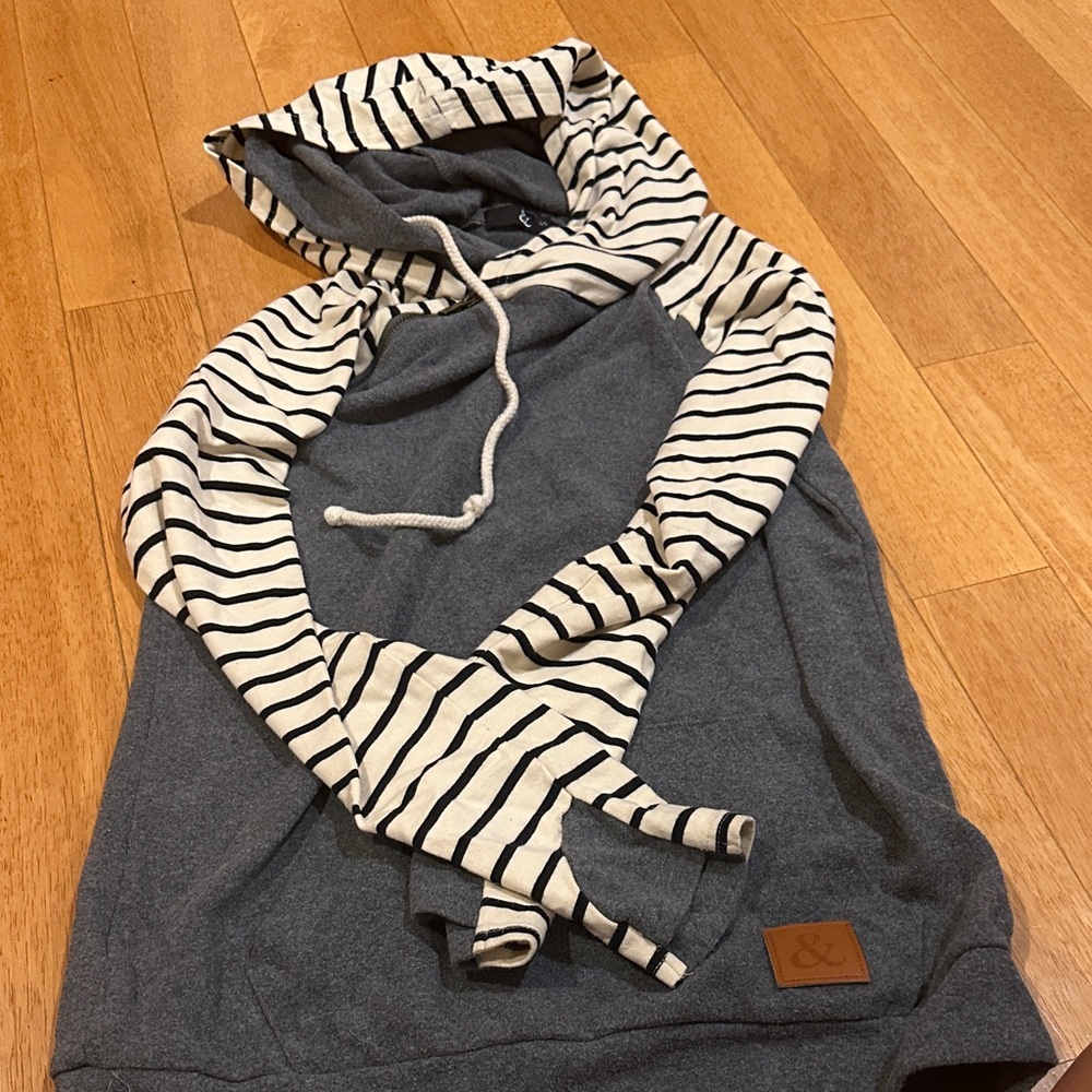 Striped Sleeve Gray Hoodie
